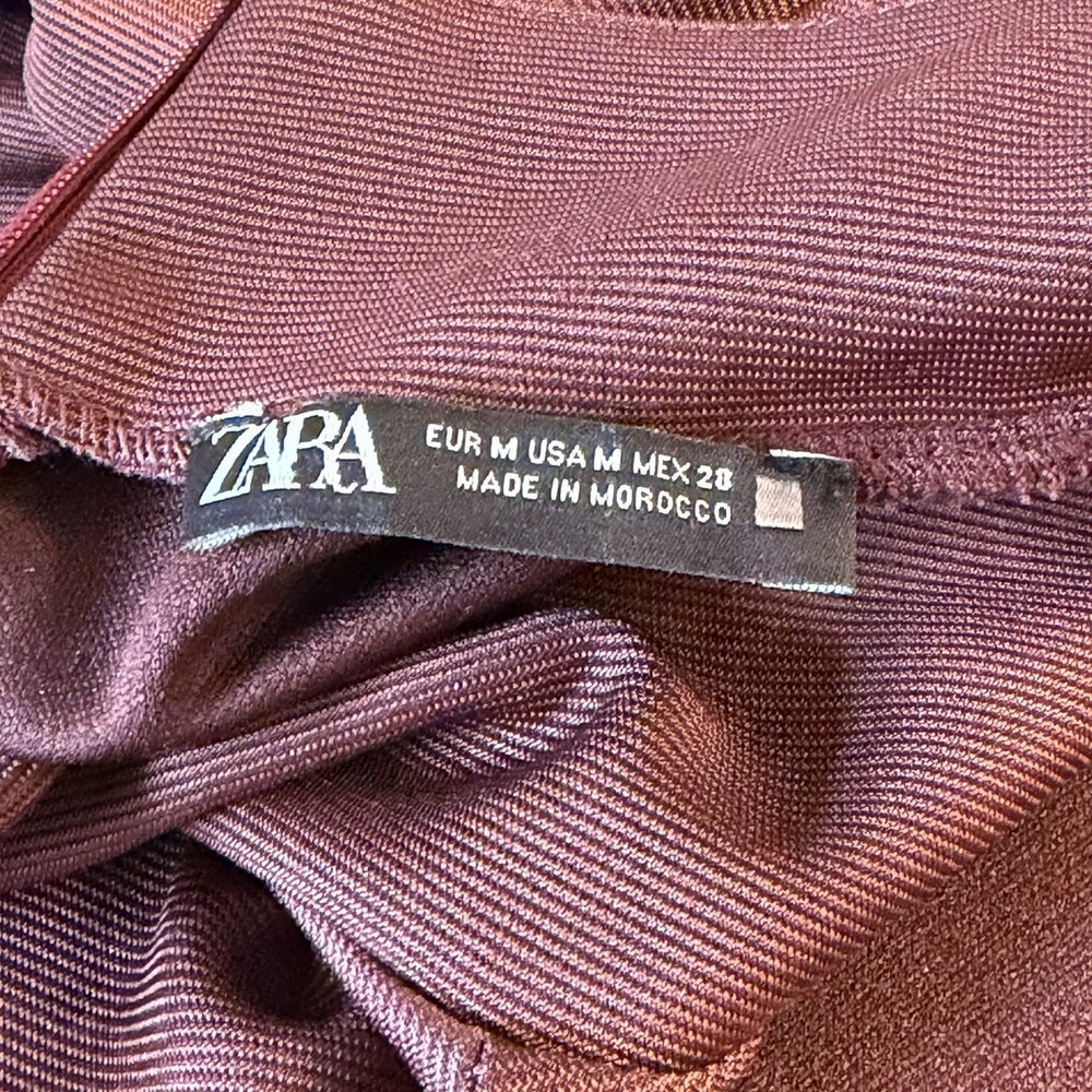Zara Women's Medium Chocolate Brown Mock Neck Short Sleeve High Low Top - Picture 5 of 7